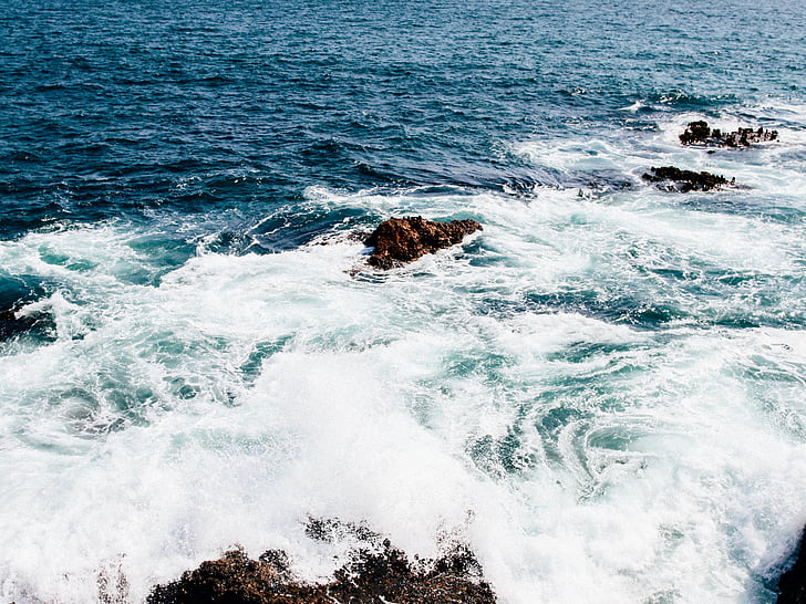 вода, вълни, удря, скали, през деня, океан, море