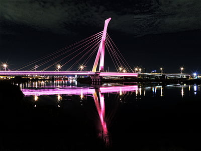 arsitektur, Jembatan, diterangi, cahaya, Sungai, air, domain publik foto