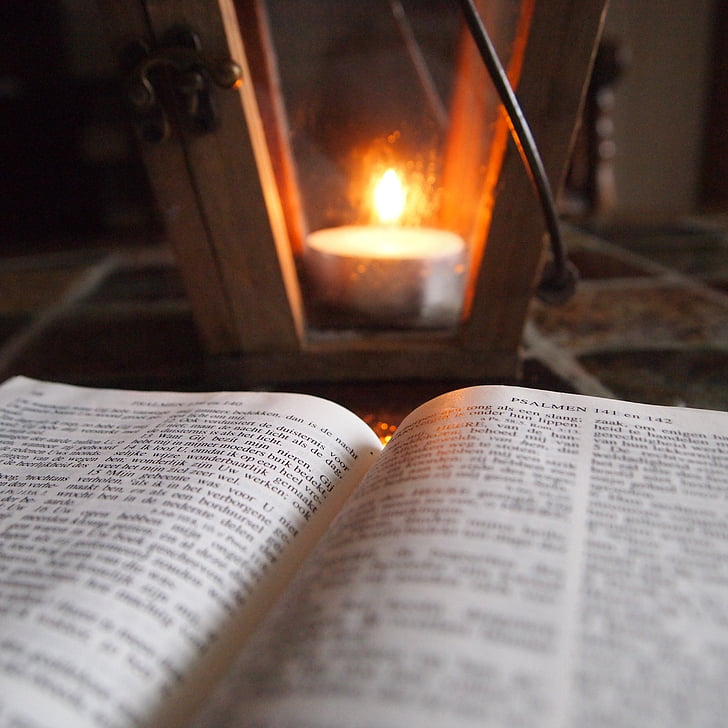bible, candle, lighting, read, book, table, wood