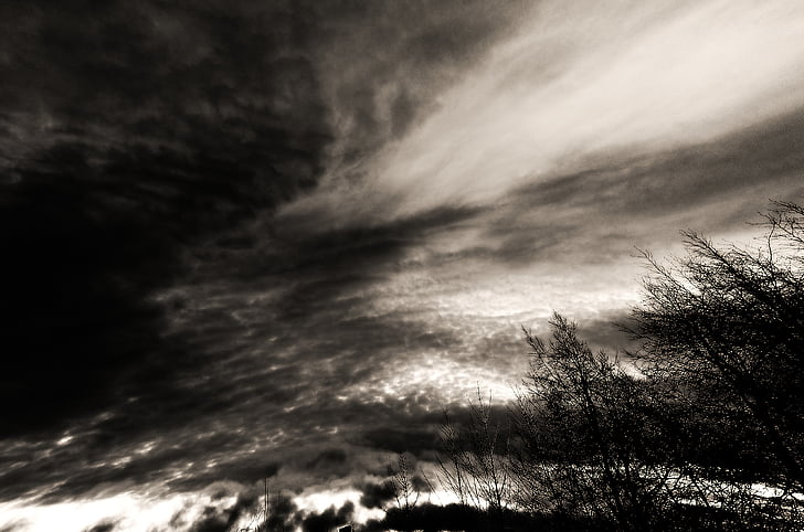 sky, clouds, black, white, nature, background, cloudy