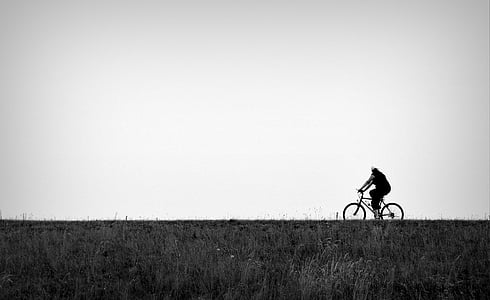 runde, ride, sort og hvid, sti, tur, cyklist, cykling