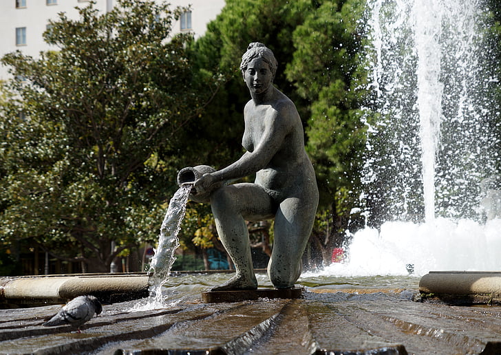 fountain, woman, water, jet, spray, statue, girl