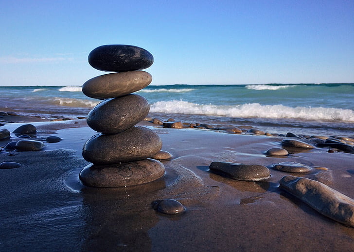 roques, apilada, equilibri, vora de la platja, Mar, platja, còdols