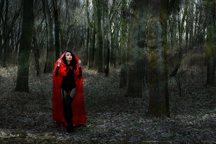 girl, red, sensual, smoke, the haze, forest, red riding hood