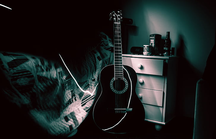 gitaar, kamer, muziek, lightpainting, licht, bed, donker