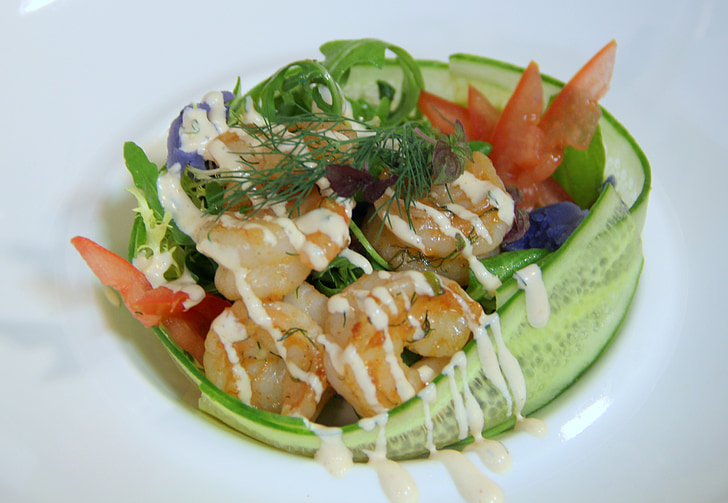 prawns, salad, seefood, restaurant, shellfish