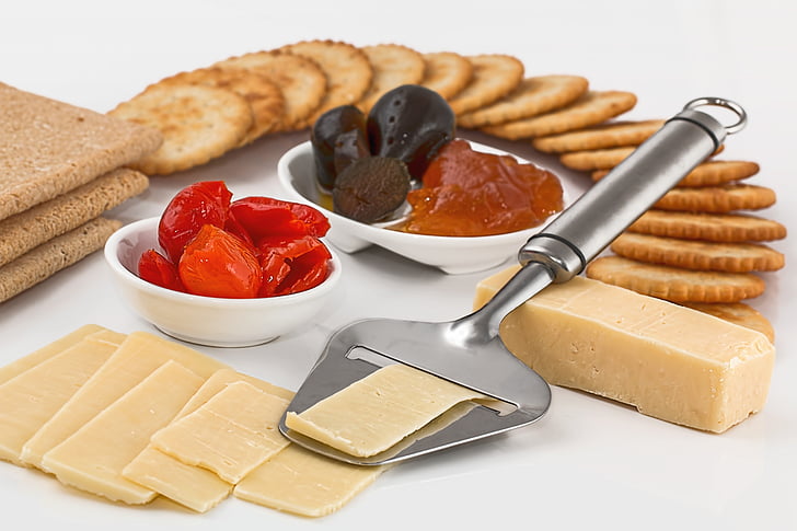 Appetizers, biscuits, buffet, cheese, crackers, cut, finger food