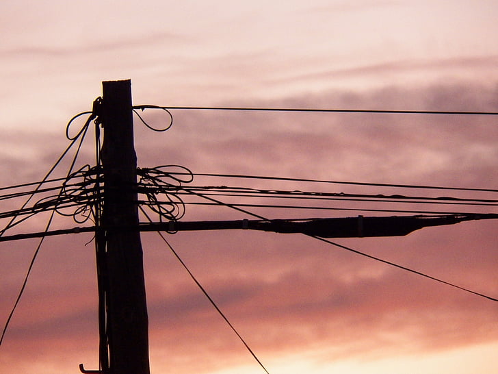 wires, sunset, electricity, sky, lines, power, cables