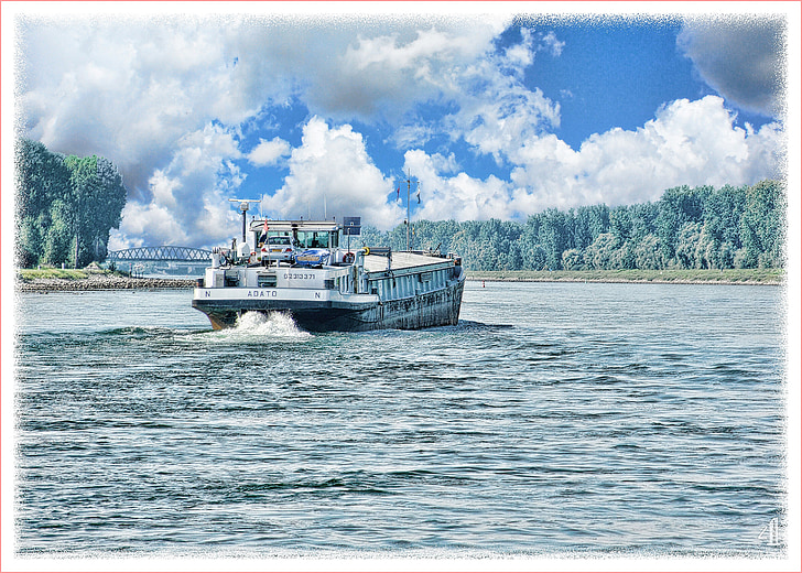 rhine ferry, art, paint, digital art, landscape, ship, water