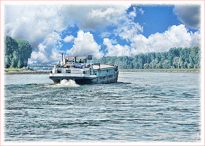 rhine ferry, art, paint, digital art, landscape, ship, water