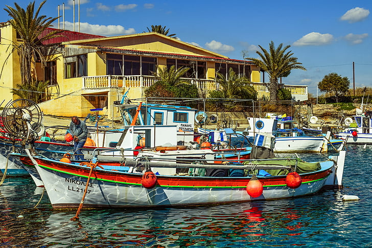 båt, hamnen, fiske shelter, havet, traditionella, ormidhia, Cypern