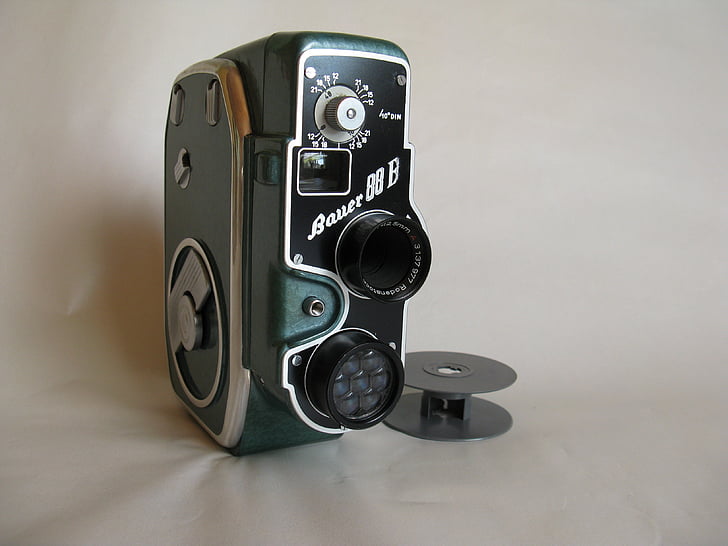 kamera, filmkamera, film, linse, smalle, gamle, 1954