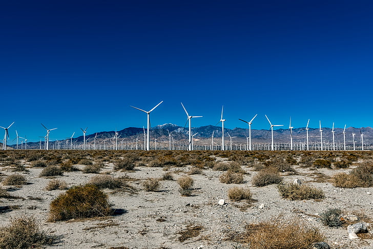 Parque eólico, Califórnia, deserto, energia, turbinas, moinhos de vento, areia