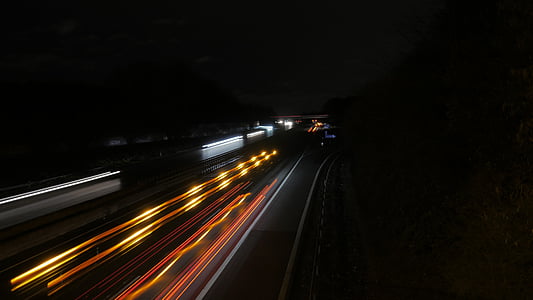 autocesta, noć, svjetlo, duge ekspozicije, promet, reflektor, praćenja