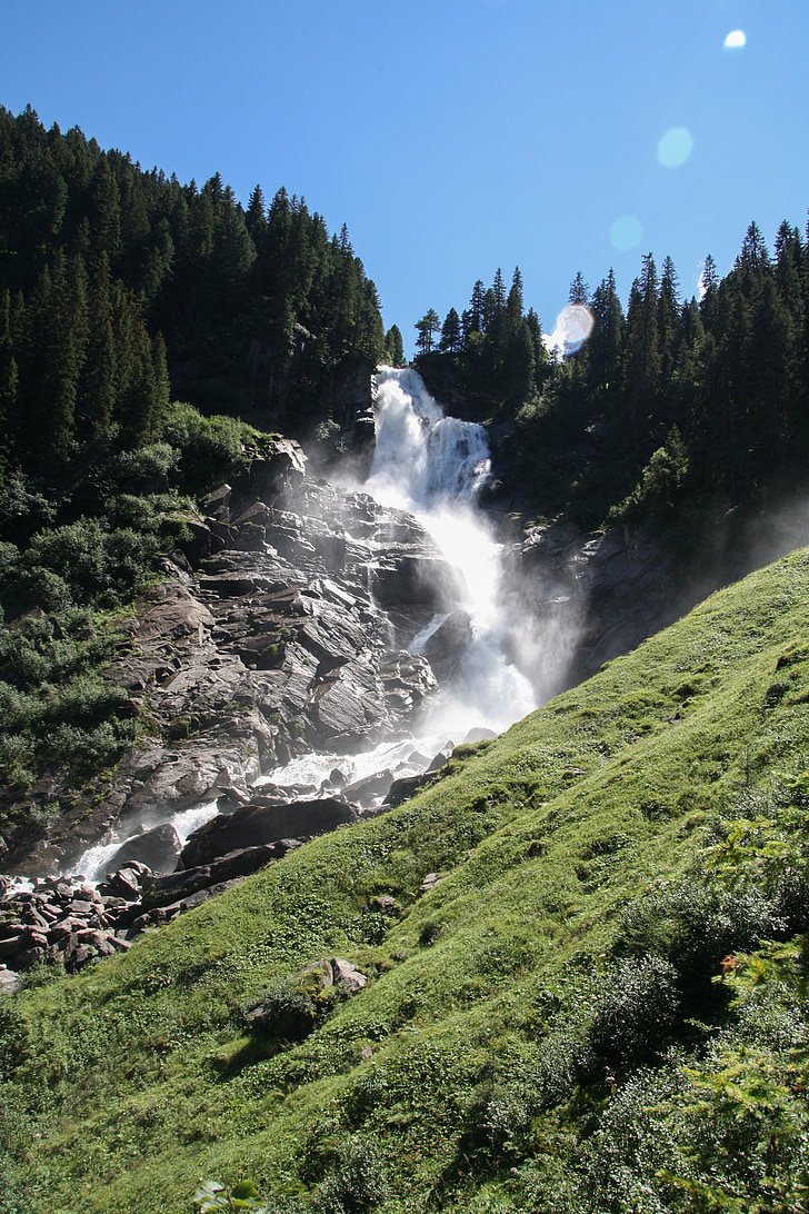 クリムル wasserfall, 滝, 自然, 山, 水, グリーン, フロー