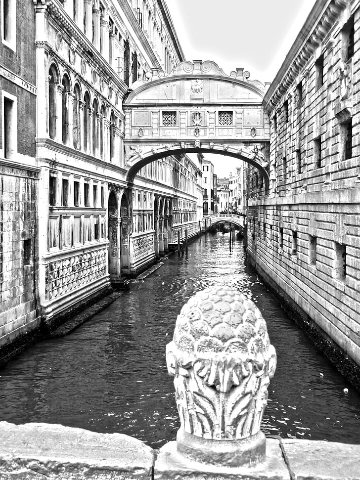 svartvit, bron över suckar, Canal, Italien, floden, Venedig, vatten