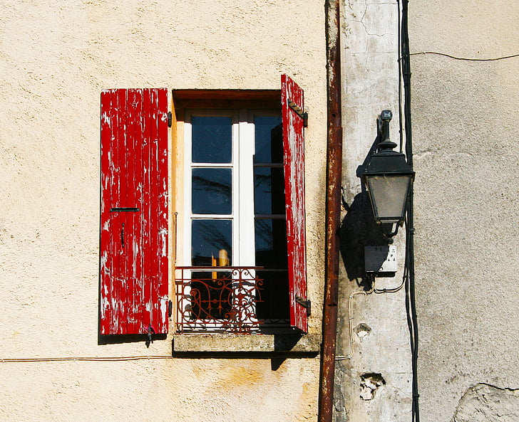 shutters, open, red, old, worn, lamp, wall