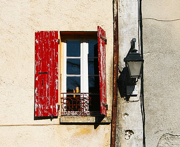 ikkunaluukut, Avaa, punainen, vanha, kuluneet, lamppu, Wall