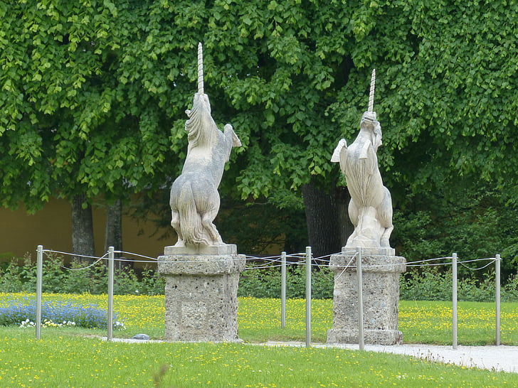 figure di pietra, figure, unicorni, cavalli, destrieri, Hellbrunn, Salisburgo