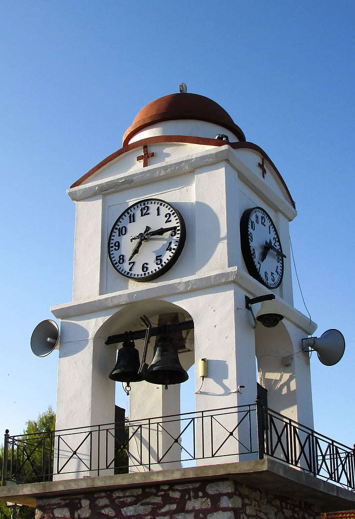 greece, skiathos, belfry, clock, church, architecture, ayios nikolaos