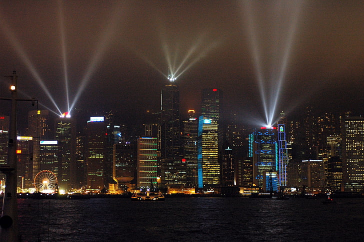 Hong kong, Victoria harbor, Karneval, Laser show, svetlá, Panoráma mesta, noc