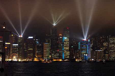 hong kong, victoria harbor, carnival, laser show, lights, cityscape, night