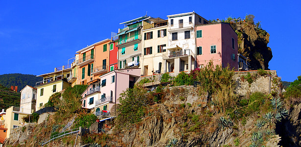 Domy, kolory, kolorowe, Rock, góry, Manarola, Liguria