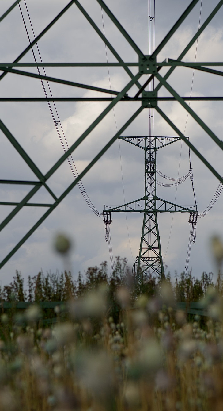 sun, transmission towers, wires, lines, tall, summer, industry