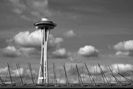 bird spikes, clouds, seattle, seattle space needle, sky, space needle, no people