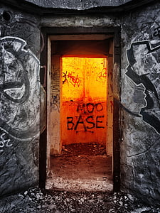 bunker, graffiti, door, decay, old, war, military