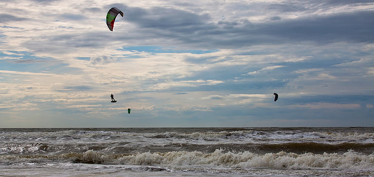 Kitesurfer, kitesurf, dracs, esport, Mar, Mar del nord, posta de sol