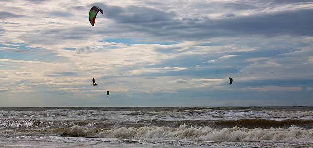 kitesurfer, Kitesurfing, naga, olahraga, laut, Laut Utara, matahari terbenam