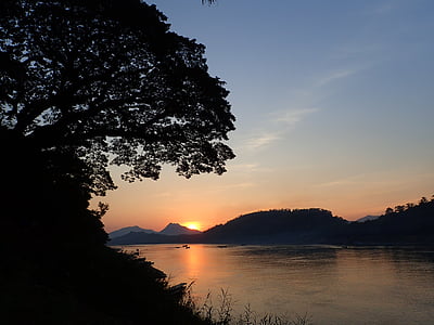 Luang prabang, de mekong, zonsondergang, Laos, natuur, zee, hemel