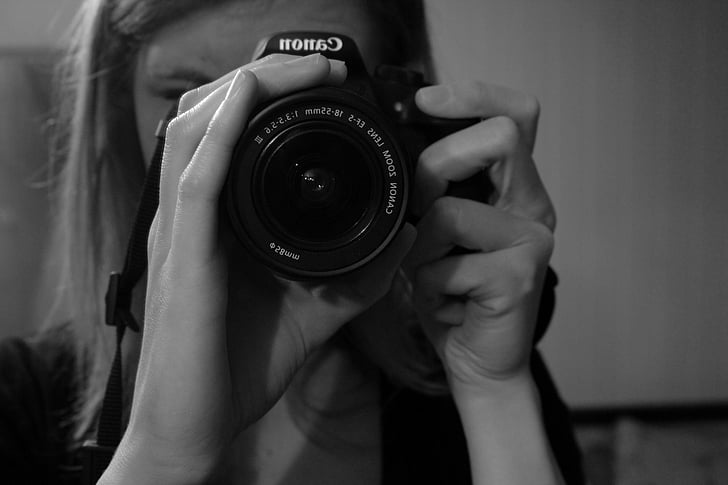 schwarz-weiß-, Kamera, Canon, Mädchen, Objektiv, Fotografie, Frau