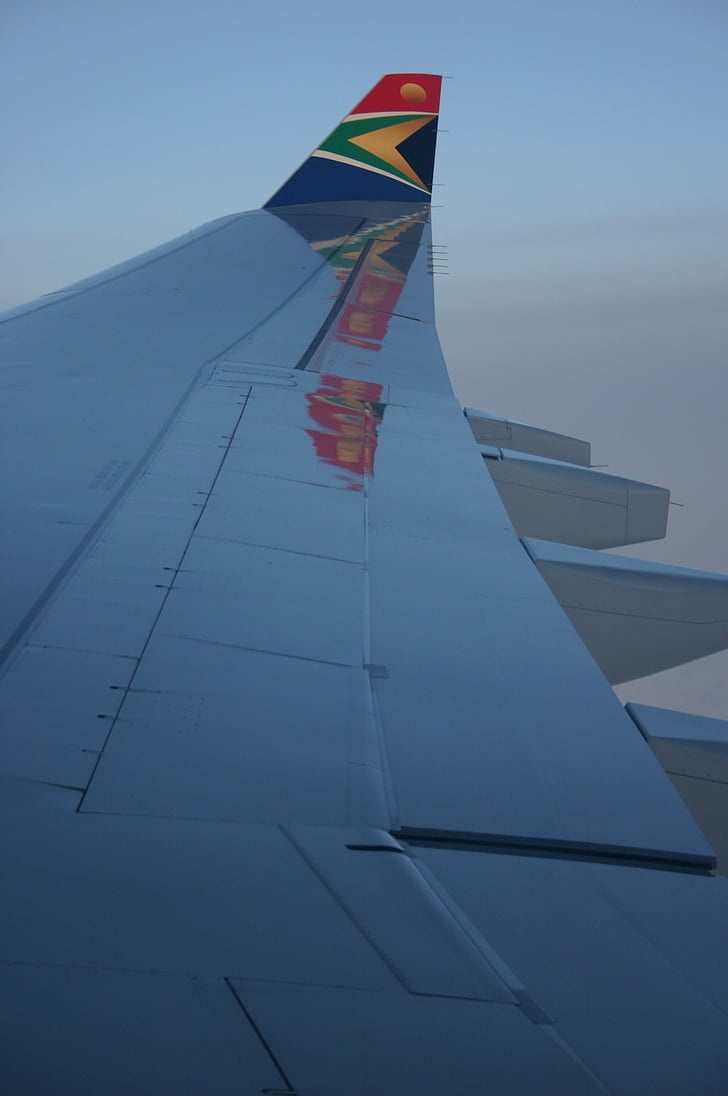 south african airlines, wing, aircraft, clouds, no people, airplane, flag