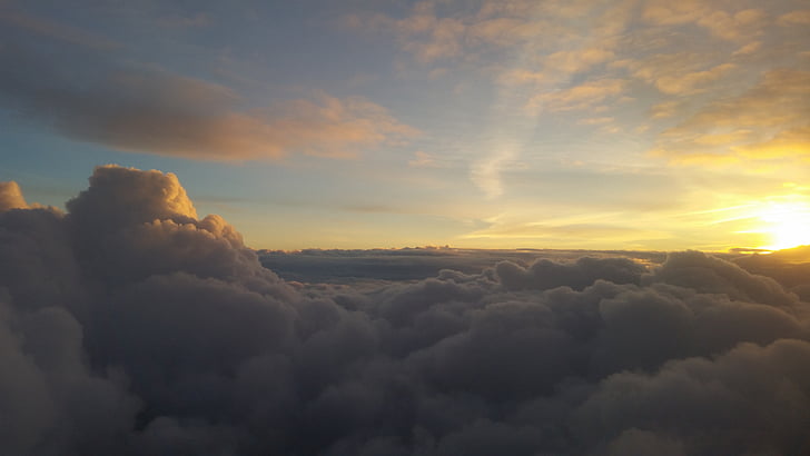 clouds, aircraft, fly, sun, atmosphere, air