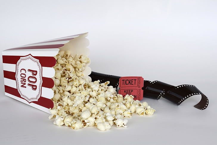 popcorn, biograf, billet, film, underholdning, mad, majs