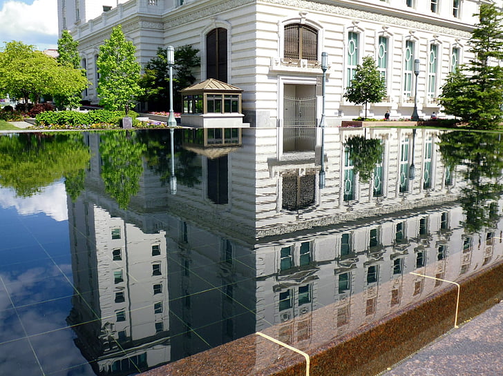reflexão, Lagoa, edifício branco, Salt lake city, água, cidade