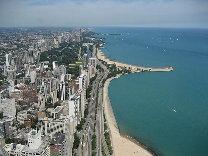 chicago, skyline, shoreline, lake michigan, buildings, urban, landmark