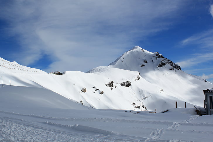 Canazei, Ski, panorámás, hegyek, Olaszország, hó