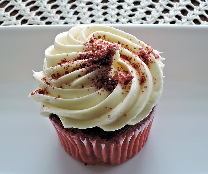 red velvet cupcake, cream cheese frosting, decorative sugar, food, cake, dessert, gourmet