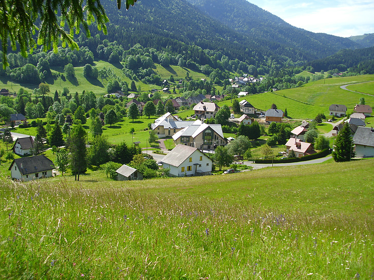 黄绿色, 村庄, 自然, 山, 阿尔卑斯山, 景观