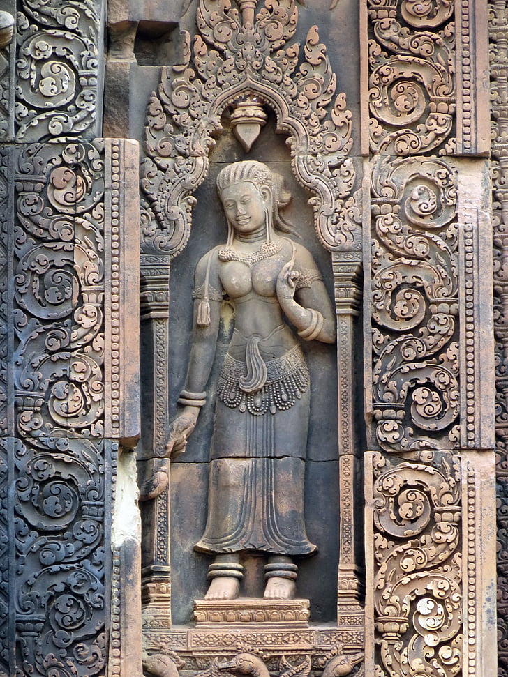 angkor, temple, banteay srei, temple women, statues, dancer, relief