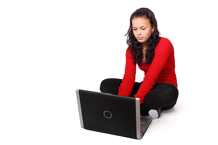 blogovanie, počítač, samica, dievča, Internet, izolované, laptop