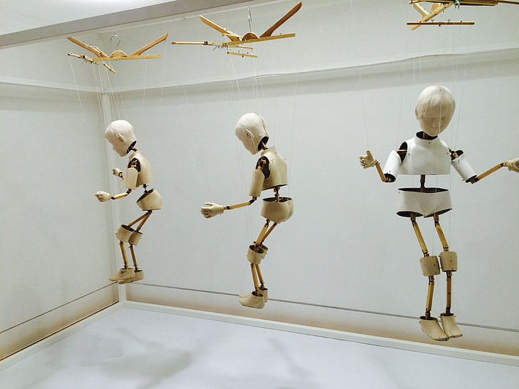 skallen, robot, dukke, utstilling, tre doll