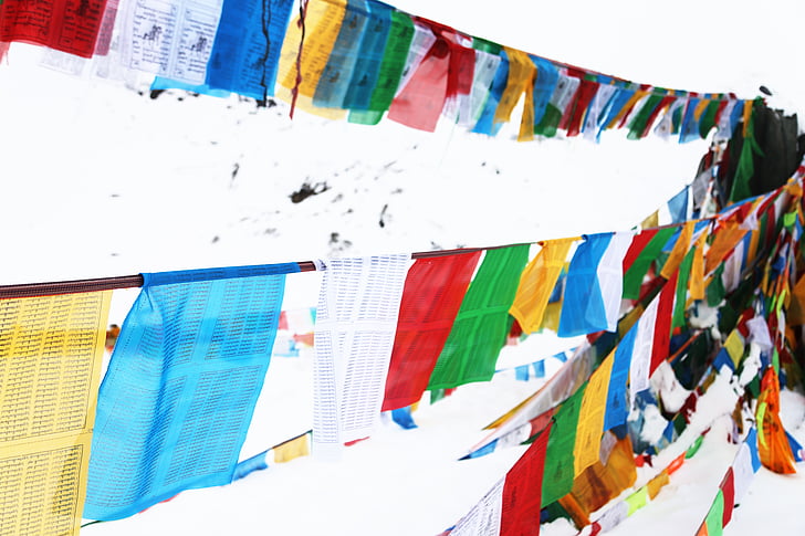 Gebetsfahnen, Tibet, Shergyla Mountain Pass, Farbe, Schnee
