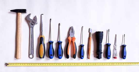 verktøy, arbeid, reparasjon, Hammer, skrutrekker, meisel, rulett