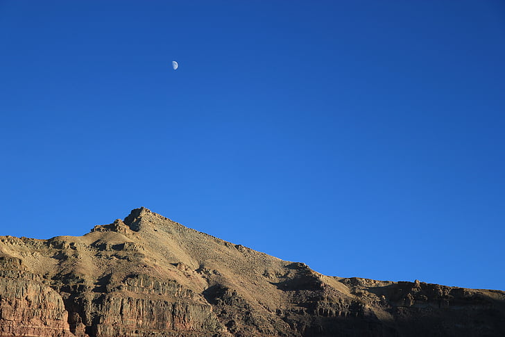 brown, mountain, blue, skies, clear sky, moon, nature