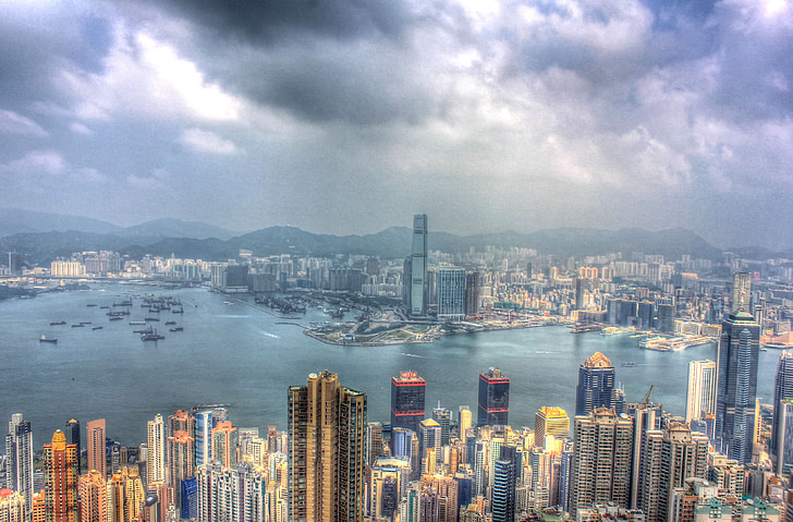 Hong kong, saluran, laut, air, pemandangan, pemandangan kota, langit
