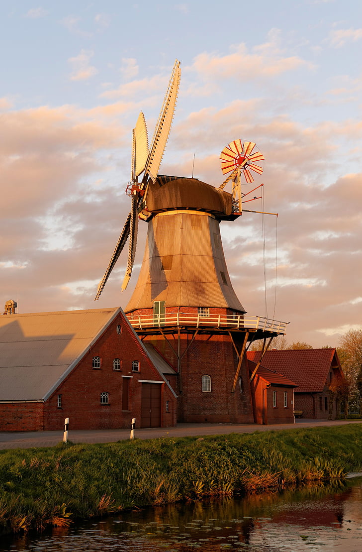 windmill, mill, wing, water, sky, east frisia